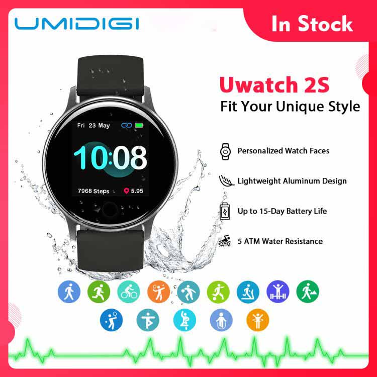 

UMIDIGI Uwatch 2S Smart Watch Men Women 5ATM Waterproof 1.3 Color Clock Heart Rate Sleep Monitoring Smartwatch For Android IOSg, White