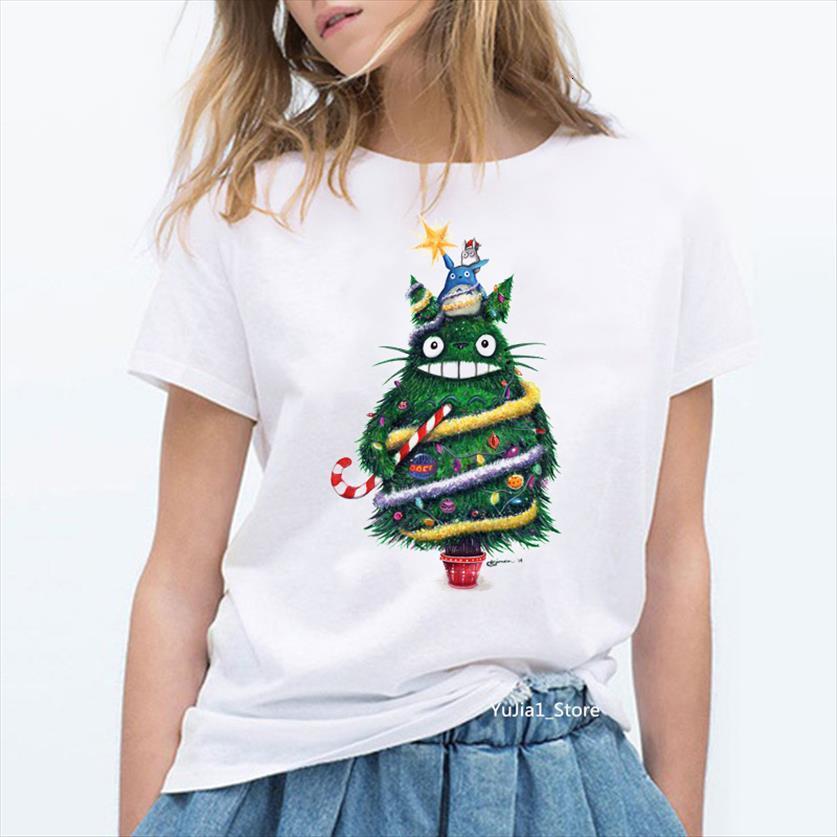 

christmas totoro studio harajuku kawaii womens t shirt miyazaki hayao funny xmas cute 90s female tees, White
