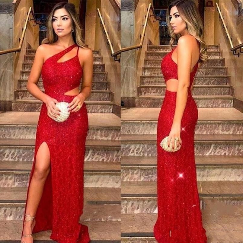 

2021 New Red Sequined Evening Es Sexy One Shoulder Split Holiday Wear Formal Party Prom Gowns Custom Made Robe De Soriee Aiid, Champagne