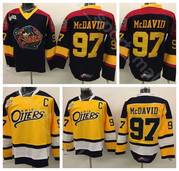 

Edmonton 97 Connor McDavid Erie Otters Jerseyss College Premier OHL With COA Ice Hockey All Stitched University Home Black Away Yellow