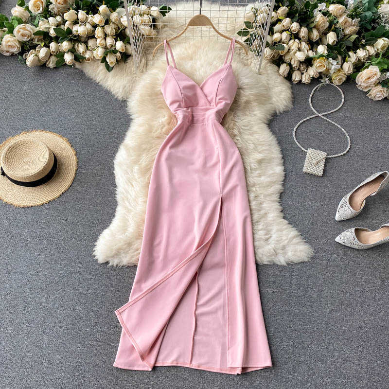 

DEAT Women Sexy Split Open Back Waist Dress Solid Color V-neck Temperament Long Fashion Spring Summer 11B755 210709, Black
