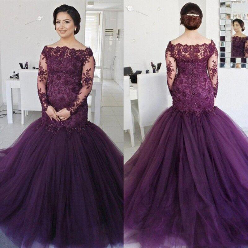 

Dark Purple Long Sleeves Mermaid Lace Evening Dresses 2021 with Beaded Appliques Sweep Train Tulle Formal Prom Party Gowns Robe De Soiree, Gold