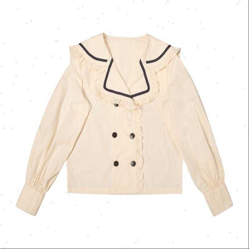 

beige sailor collar button womens shirts lantern sleeve long loose b0681, White