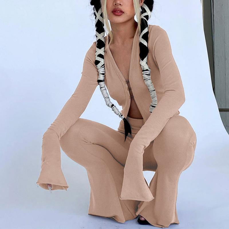 

Women' Two Piece Pants Tracksuit Solid Long-sleeve Single Breasted Cardigan High Waist Set Casual Wide Leg Female, Black