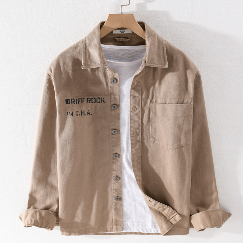 

2021 Spring and Casual Autumn Jacket Simple Retro Fashion Shirts for Solid Fashionable Men's Shirt Comfortable Cotton Tops Ldpe, Khaki.