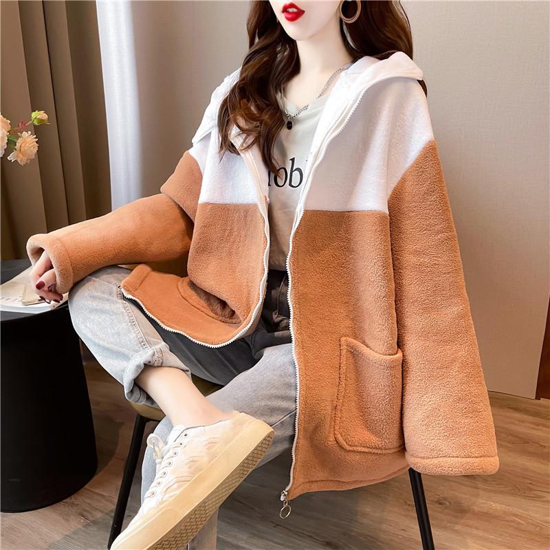 

Women's Hoodies & Sweatshirts Fall Winter Women Plus Velvet Thick Lambswool Hoodie Korean Loose Long Sleeve Patchwork Hooded Top Y2k Sweet B, Black