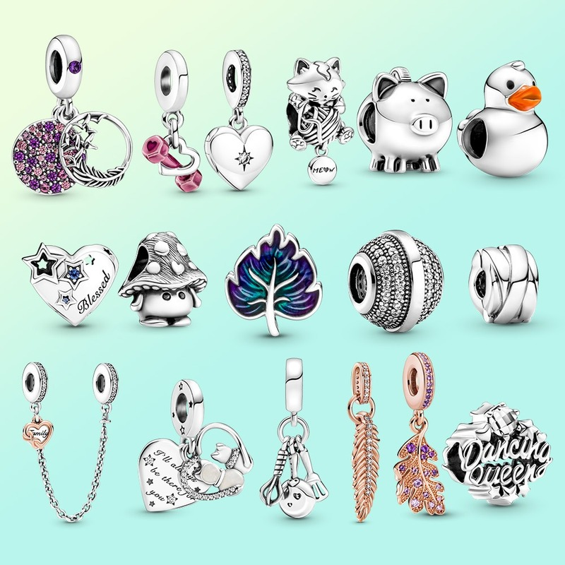 

New 925 silver charm Shiny Zircon Palm leaf Dangle charm mushroom bead Fit Pandora Bracelet & necklace women jewelry