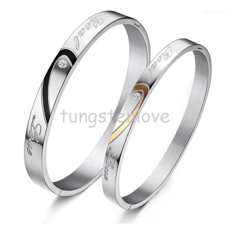 

Bangle 1 Piece Couples Bracelets Heart Shape Stainless Steel "Real Love" Engraved Promise For With Rhinestone1
