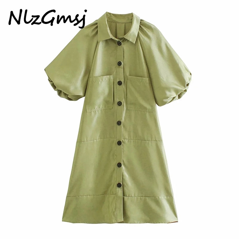 

Dress Woman Green Midi Pleated Design Lantern Sleeve es Short Button Blouses 210628, As picture
