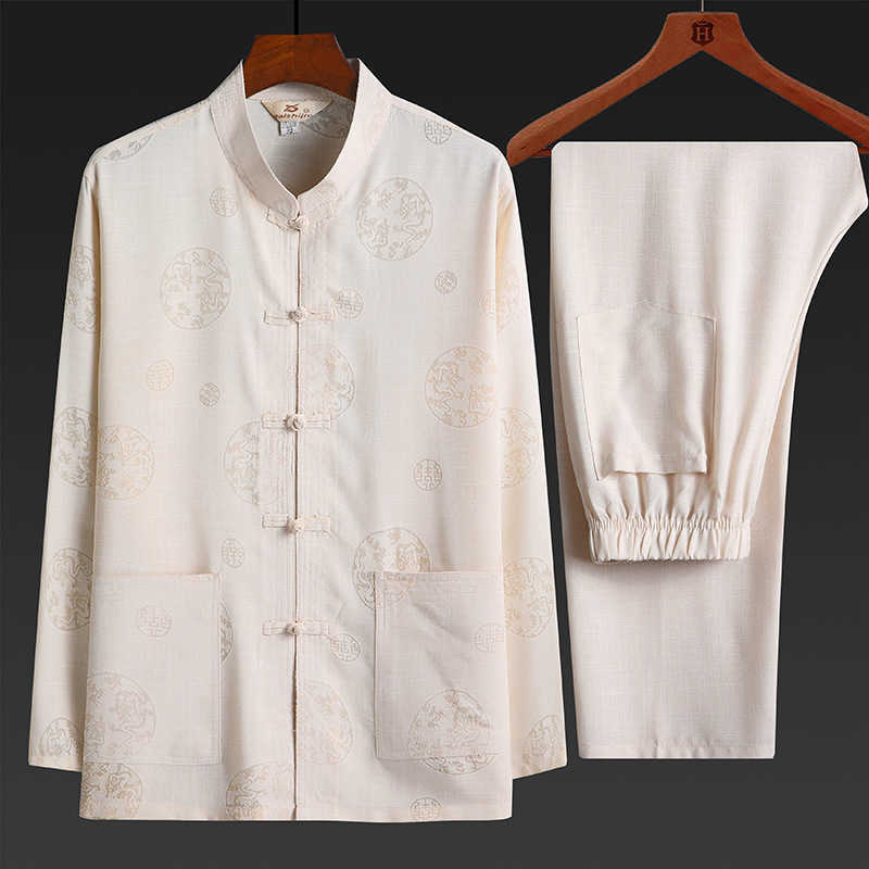 

Tang long sleeve linen suit cotton hemp ethnic costume home clothes, Fu character - beige