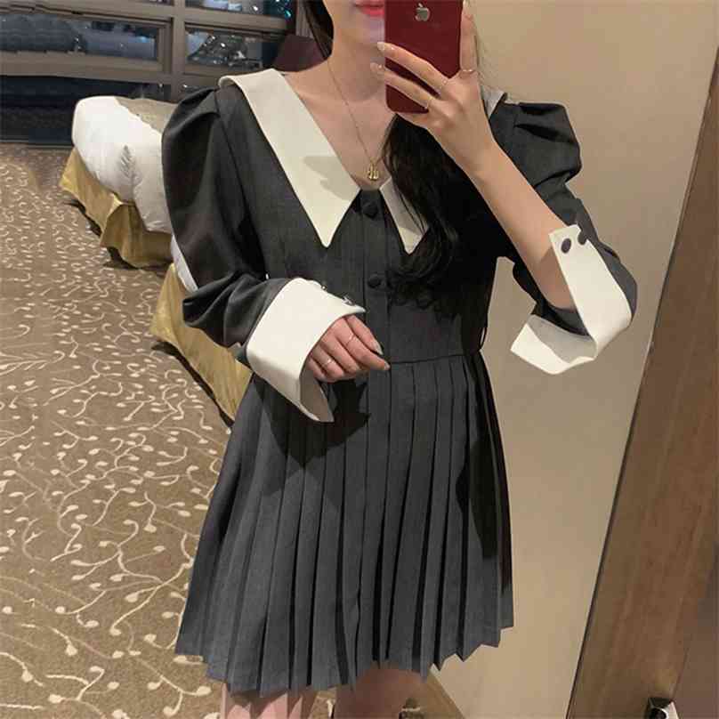 

Puff Sleeve Pleated Dress For Women Chic High Waist Gray V-neck Vestidos Full-sleeve Spring Streetwear Cloth Dresses Female 210603