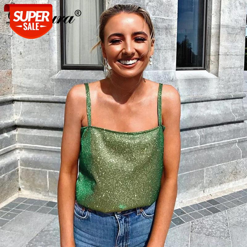

Dulzura glitter bling sparkle strap women crop top party festival clothes streetwear 2020 spring summer clothes club cute camis #EW1c, White