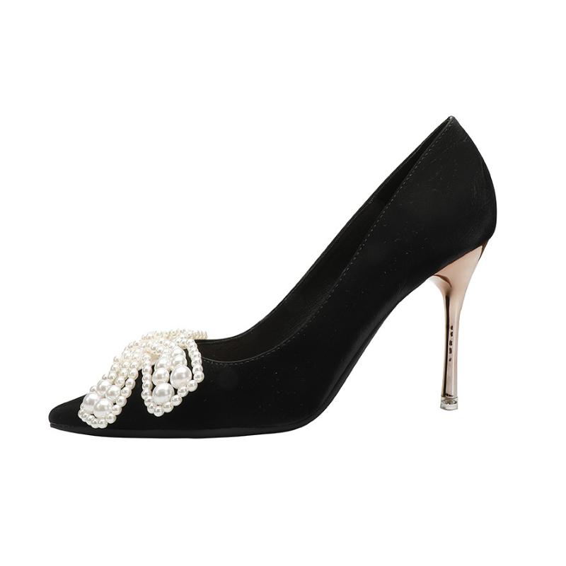 

Dress Shoes Plus Size 34-42 Pointed Toe Bow Pearl Wedding Women Pumps Stilettos 2021 Elegant High Heels For Office Party, Beige
