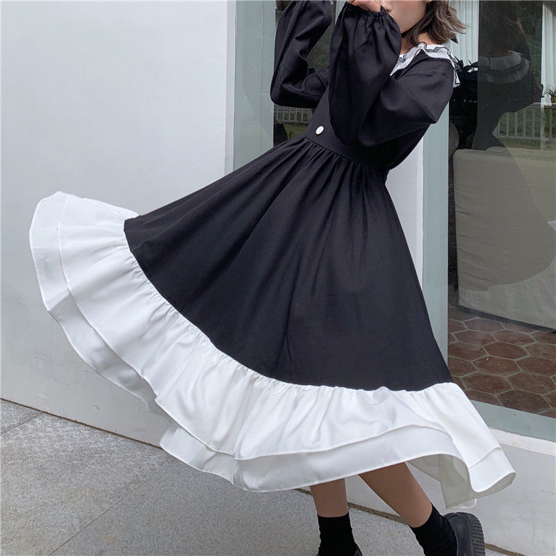 

Spring Goth Elegant Lack Patchwork Japanese Party Midi Female High Street Vintage Korean Women 2021 New H60s, Black