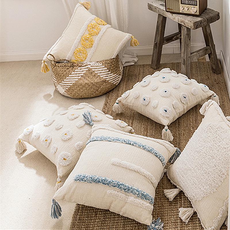 

Cushion/Decorative Pillow Handmade Yellow White Circle Daisy Cover With Tassels Moroccan Style Cushion 45x45cm Blue Stripe HomeDecoration