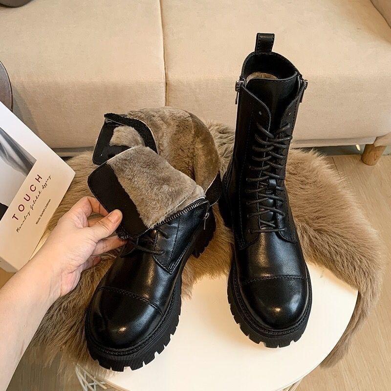 

Dress Shoes Soft Leather Boots Women's British Style 2021 Spring And Autumn Middle Tube Versatile Flat Soled Plush, Black plush