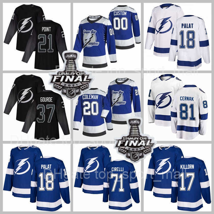 

Stanley Cup Final 2021 Tampa Bay Lightning Hockey Jersey 18 Ondrej Palat 20 Blake Coleman 71 Anthony Cirelli 37 Yanni Gourde Erik Cernak Men Women Youth Reverse Retro, White with patch