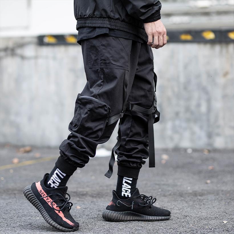 

elastic waist harem streetwear women pants ribbons punk hip hop casual trousers joggers multi pocket male, Black