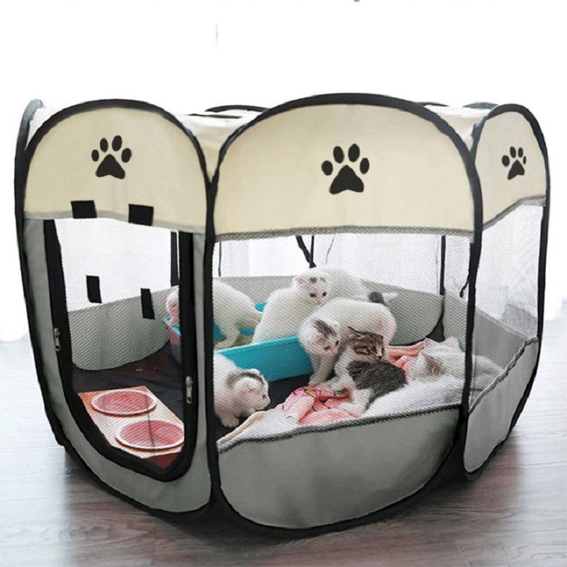 

Portabe Foding Pet Carrier Tent Paypen Breathabe Easy Operation Octagon Fence Outdoor Removabe Puppy Kenne Bed For Cats, Coffee
