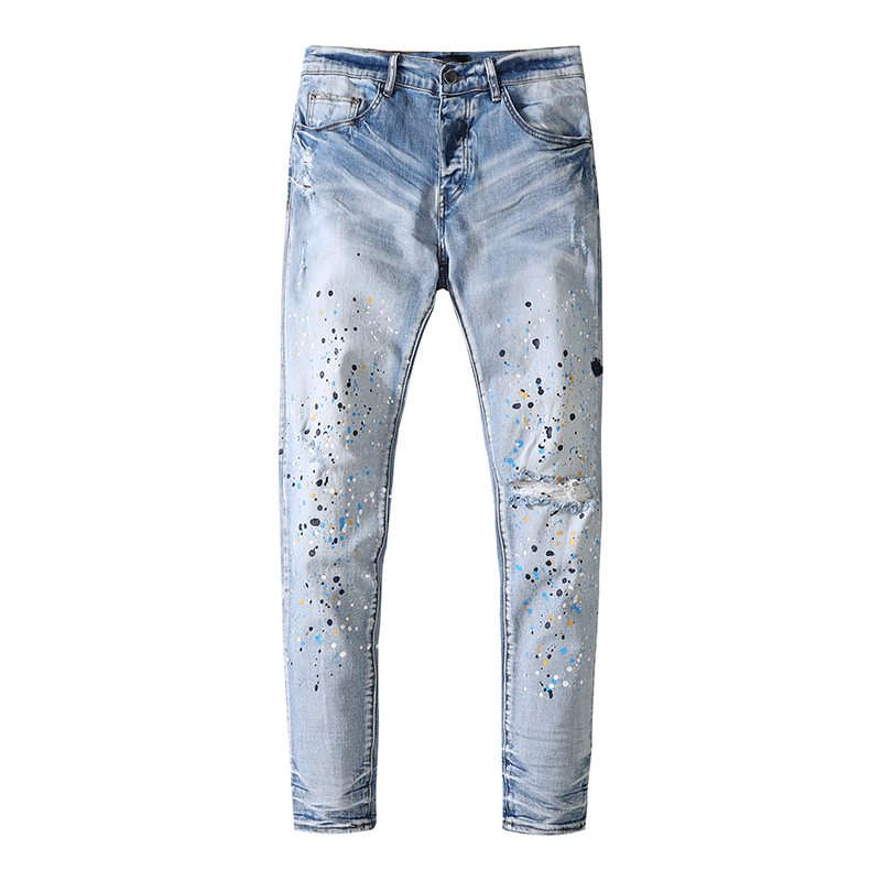 

Mens jeans splash-ink printing hole light blue European and American fashion.