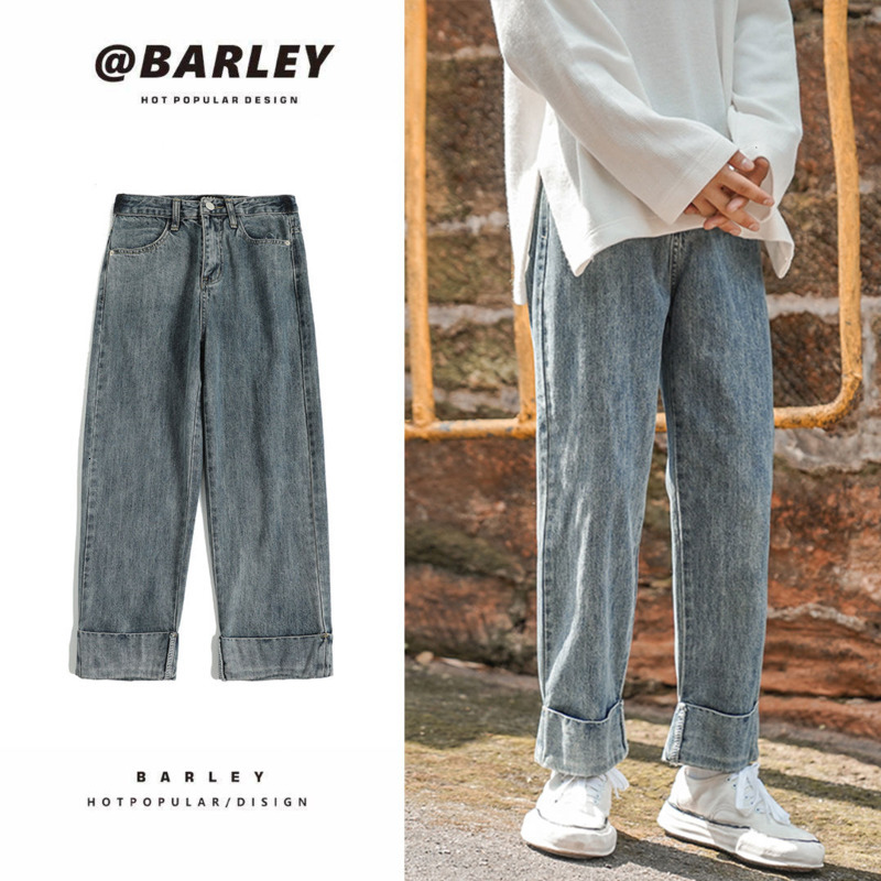 

2021 New Wide-leg Men's Fashion Casual Retro Blue White Jeans Men Streetwear Hip-hop Straight Denim Pants Mens S-2xl 85l3