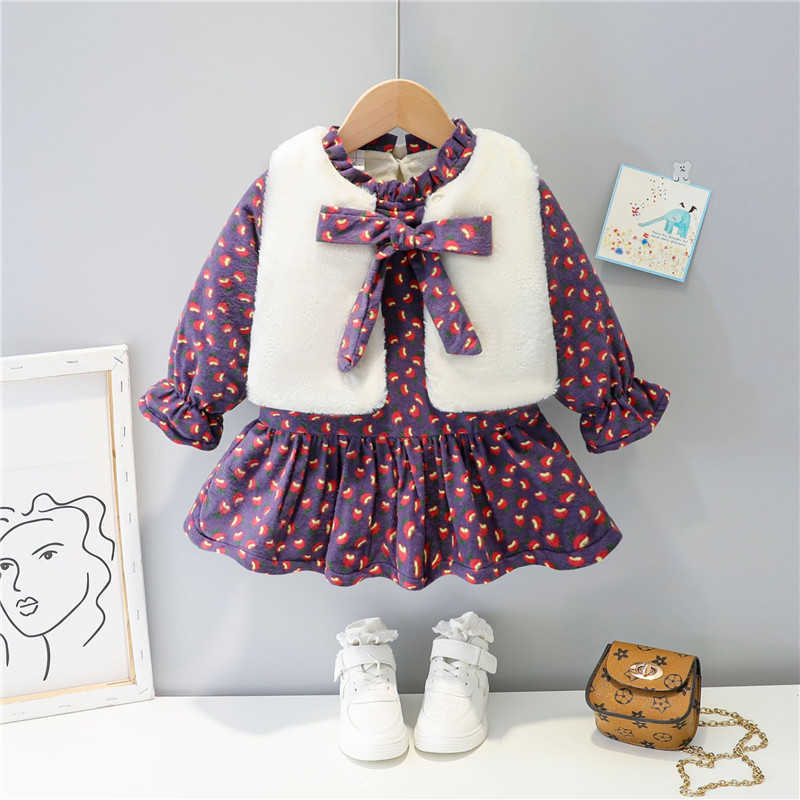 

0-4 years winter girl dress fashion thicken warm floral bow kid children toddler baby Princess dresses 210615, Red