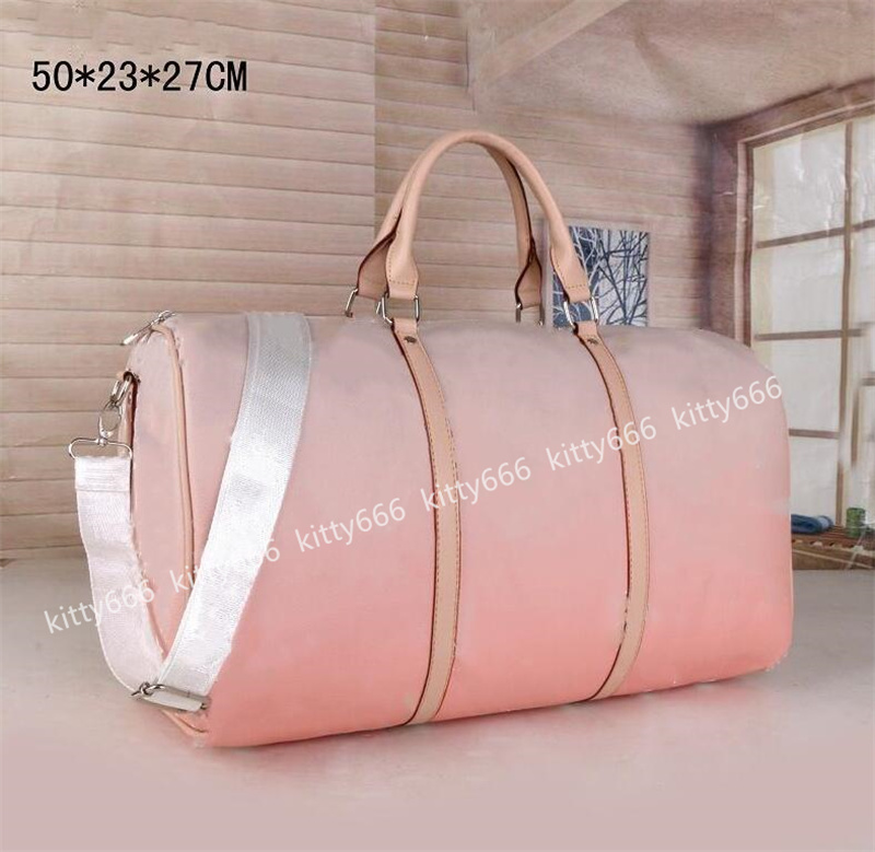 

50cm Duffel Bags gradient color fashion big flower men women travel bag duffle leather luggage totes handbags large capacity sport, As picture