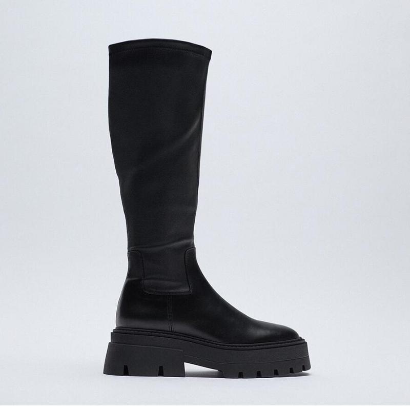 

Boots Women's Long Black PU Leather Grooving Sole Knee-high Fashion Round Toe Slip-On Elastic Stocking