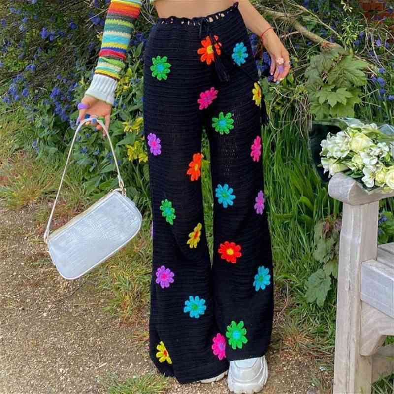 

see through flared leg pants women high waist summer boho sheer flower crochet beach holiday long pants trousers, Black;white
