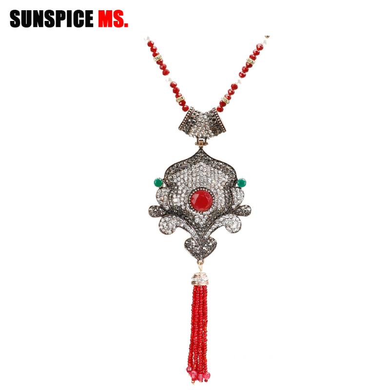 

Pendant Necklaces SUNSPICE MS Turkish Long Bead Necklace Full Rhinestone Tassels Sweater Chain Antique Gold Color Bohemia Wedding Jewelry