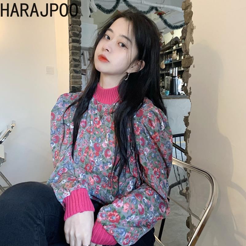 

Women's Blouses & Shirts Harajpoo Woman French Floral Chiffon Autumn 2021 Temperament Fashion O Neck Long Sleeve Ladies Sweet Casual Tops, Red flower