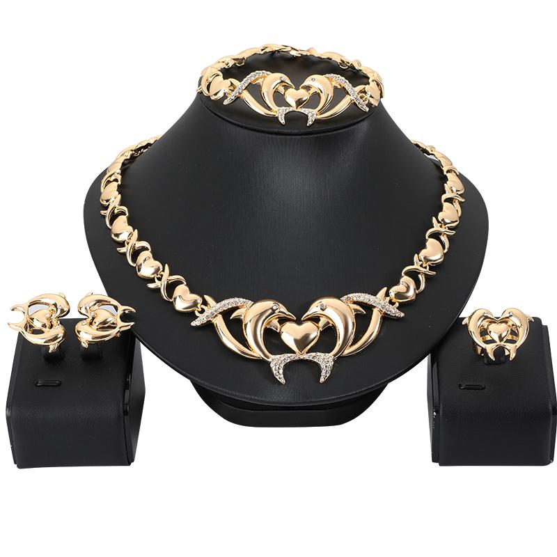 

Earrings & Necklace Dubai Gold Jewelry Sets For Women Wedding Gifts Africa Dolphin Shape Ring Bracelet Set Nigeria Jewellery, Silver