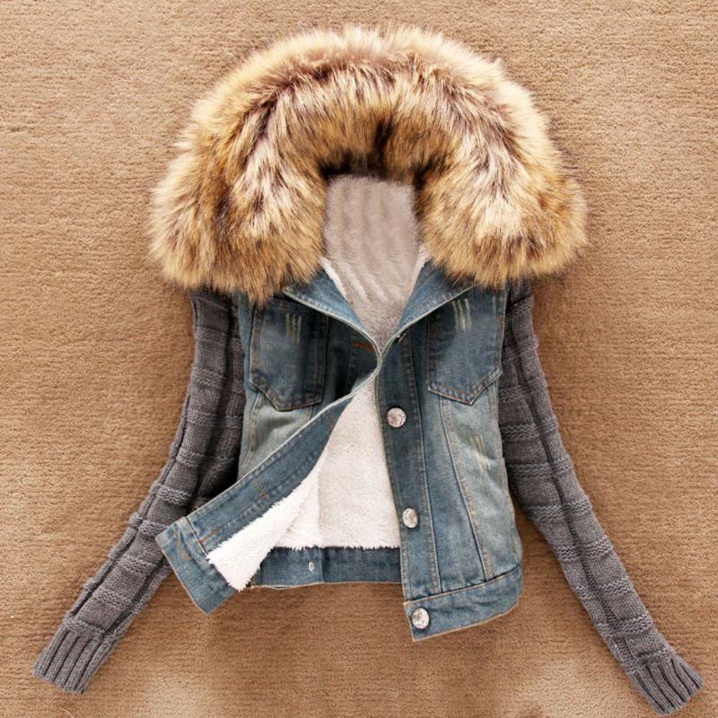 

2021 Winter Knitted Denim Jackets Plus Velvet Warm parka Outerwear Women Cashmere Cotton Coat Girl Fashion Jacket Preppy Style