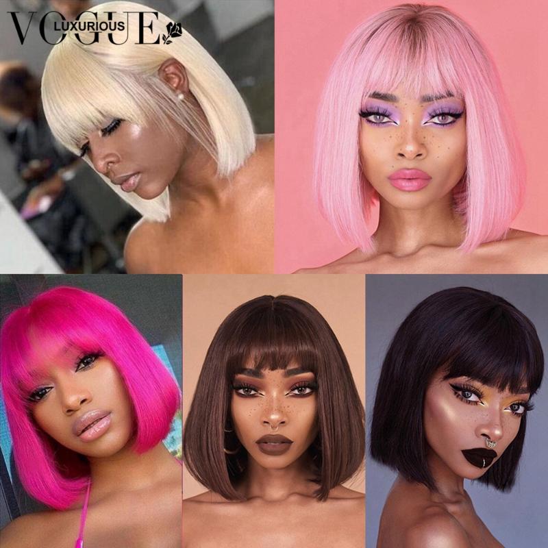 

Ombre Bob Lace Front Wigs With Bangs Pink Blonde 613 Lace Front wig Brazilian Remy Colored Short Human Hair Wigs For Black Women, Natural color