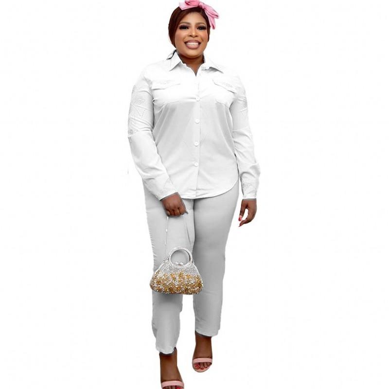 

Women's Two Piece Pants Set Women With Diamond Shirt Tops And Trouser Outfits 2021 Autumn Fashion Casual Solid Office Lady Suits, White