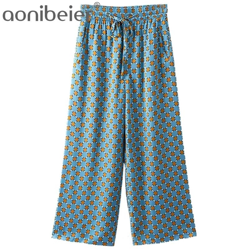 

Blue Geometric Print Fashion Casual Thin Style Summer Women Loose Ankle Length Pants Elastic High Waist Female 210604, Blue pants
