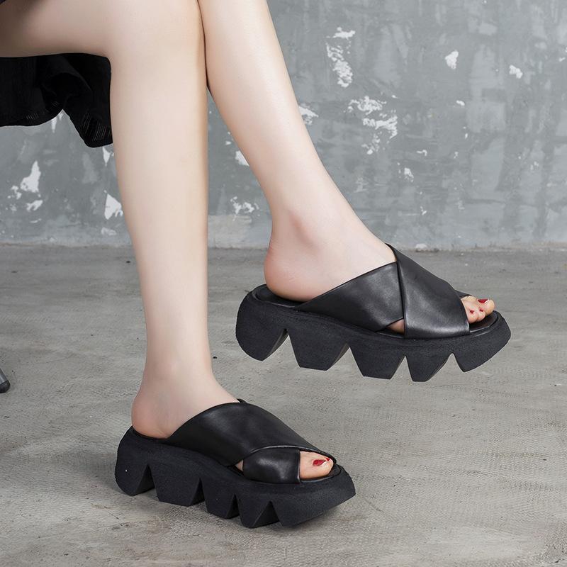 

shoes 2021 cowhide slippers brush genuine leather women's platform, Black