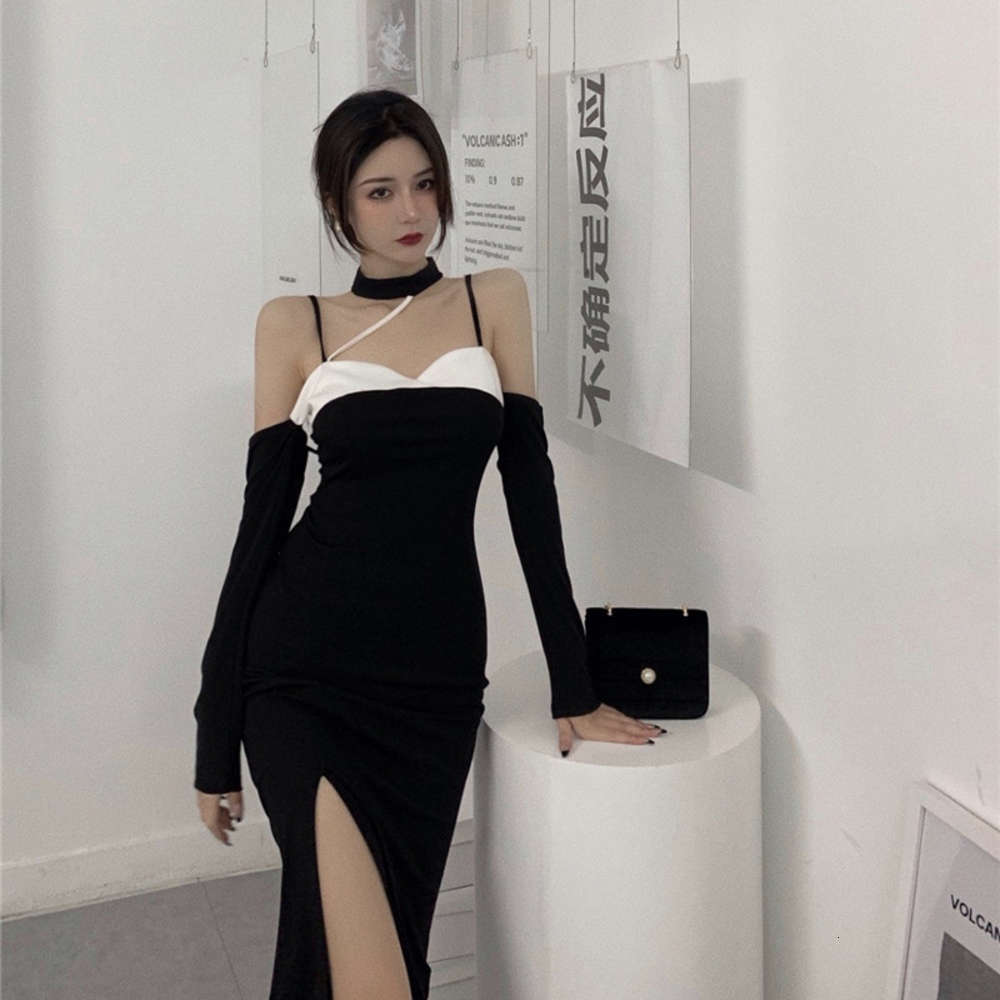 

dresses Suspender summer fashion color contrast Hepburn sexy split skirt 2021 mid length dress for women, White;black