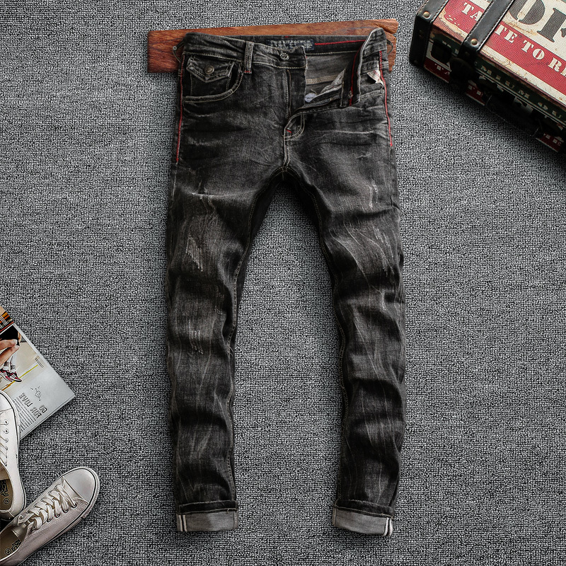 

2021 New Italian Style Fashion Men Jeans Retro Black Gray Slim Fit Ripped Denim Pants High Quality Vintage Designer Cotton Long Trousers 0hk