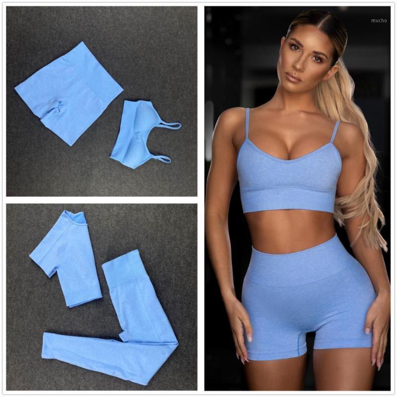 

Seamless Womenl Yoga Set Workout Shirts Sport Pants Bra Gym Clothing Short Crop Top High Waist Running Leggings Sports Blue Outfit, A-blue