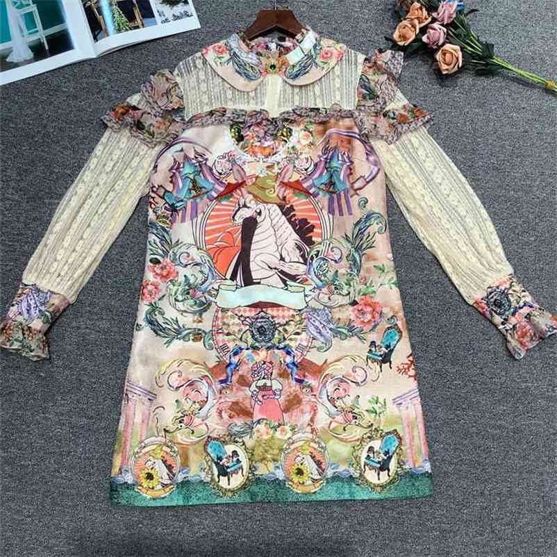 

Truevoker Lady Spring Runway Designer Prom Dress Mujer Vestido Full Sleeve Peter Pan Collar Print Ruffle Party Robe 210602, Multi