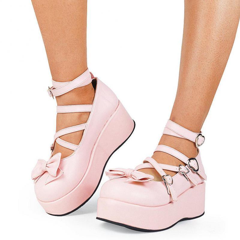 

Dress Shoes MIYEDA Punk Female Mary Janes Platform Wedges Heels Bowknot Plus Size Sweet Cute Lolita Heart Pink Y2k Women's Pumps, Black