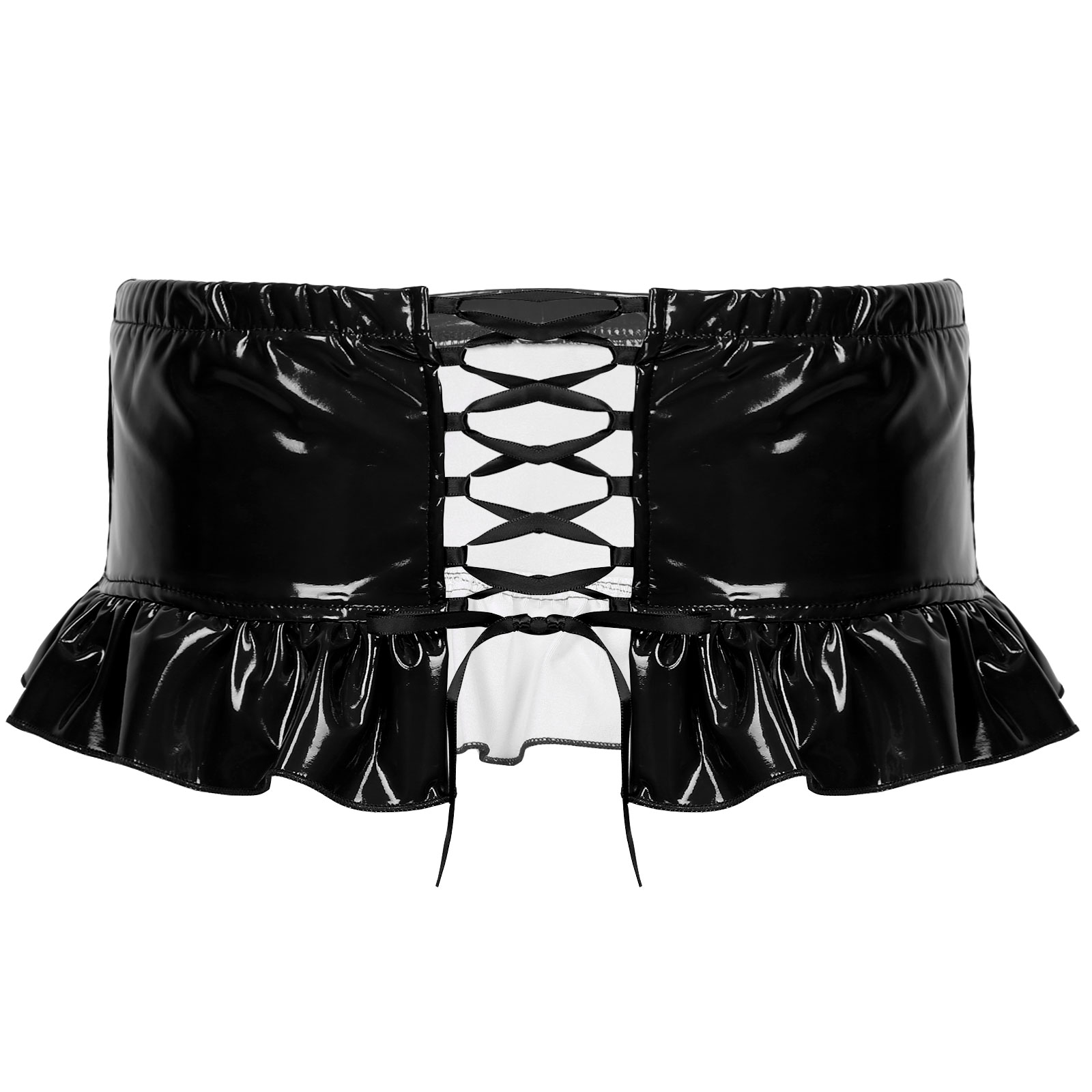 

Mens Lingerie Sexy Glossy Mini Skirt Wet Look Patent Leather Bodycon Skirt Ruffled Hem Hip Split with Lace Up Design Clubwear