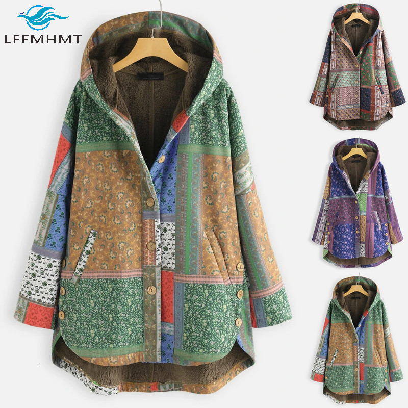 

2021 New Women Winter Fashion Long Sleeve Vintage Floral Print Fleece Warm Hooded Coats Female M-5xl Oversized Casual Folk Trendy Jackets 1b, Black
