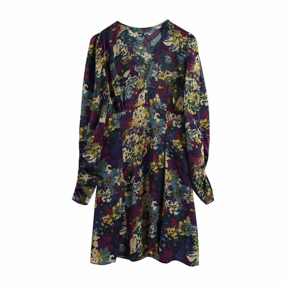 

Women Floral Printed Short Dress V-neckline Vintage Retro Casual Elegant Chic Mini Woman Dresses 210709, As picture