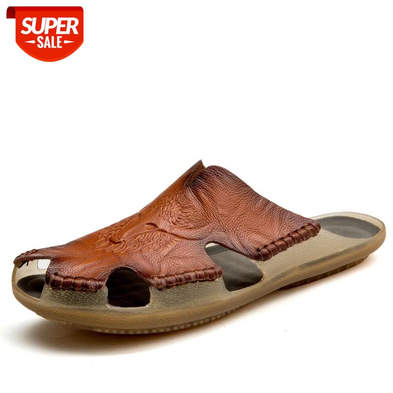 

Quality Split leather Non-slip Slippers Men Beach Sandals Comfortable Summer Flats Shoes Men Slippers Classics Flip Flops #Kf9A, Black