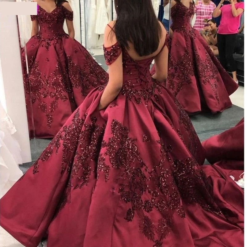 

Bling Bling Burgundy Sequins Quinceanera Dresses 2021 Modest Sweet 16 Prom Birthday Party Ball Gown Debutante Gowns Vestidos De 15, Red