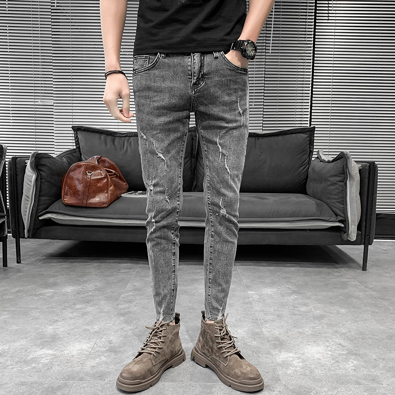 

New 2021 Nova Primavera Simples Tornozelo Comprimento Magro Ajuste Casual Homem Rasgado Jeans Cinza Escuro Moda Streetwear Pantalon Homme Hi, Dark grey