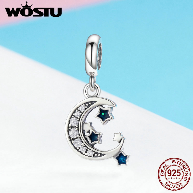 

WOSTU 100% 925 Sterling Silver Starry Sky Moon & Stars Dangles Charm fit Bead Bracelet Pendant Necklace DIY Jewelry Gift FIC639 Q0531