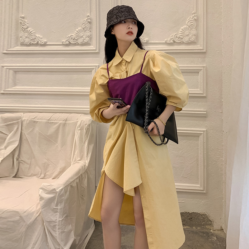 

2021 New Purple Camisole and Shirt 2 Piece Set Women Summer Midi Elegant Vintage Sleeve High Waist Es E7du, Yellow